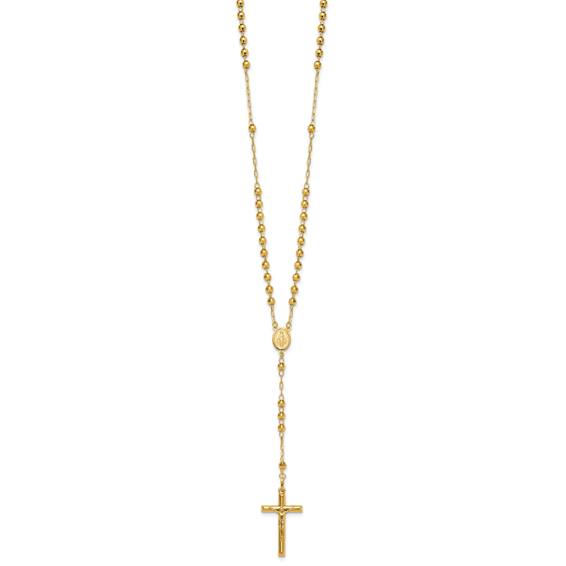 14k Polished Crucifix and Miraculous Medal with 4mm Mirror Beads Semi-solid 24 inch Rosary Necklace