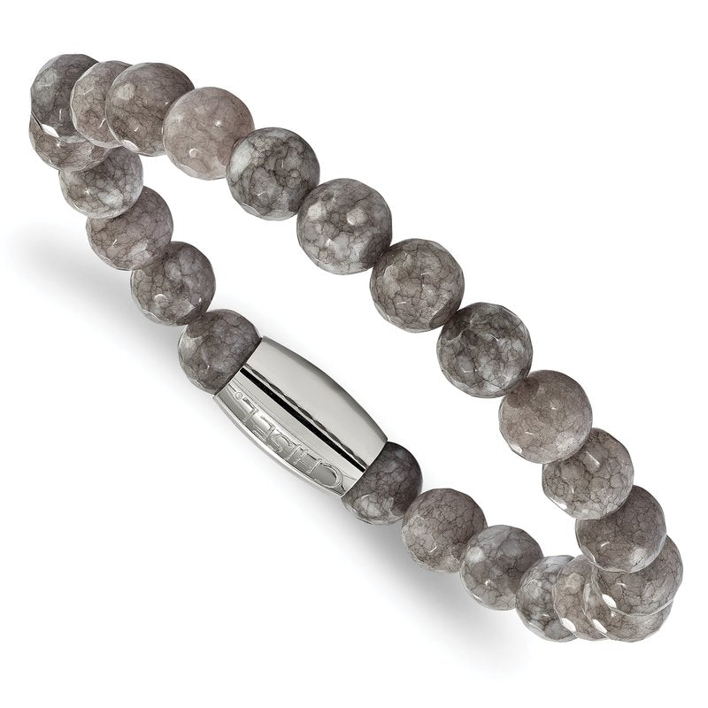 Stainless Steel Polished 8mm Light Brown Jade Beaded Stretch Bracelet