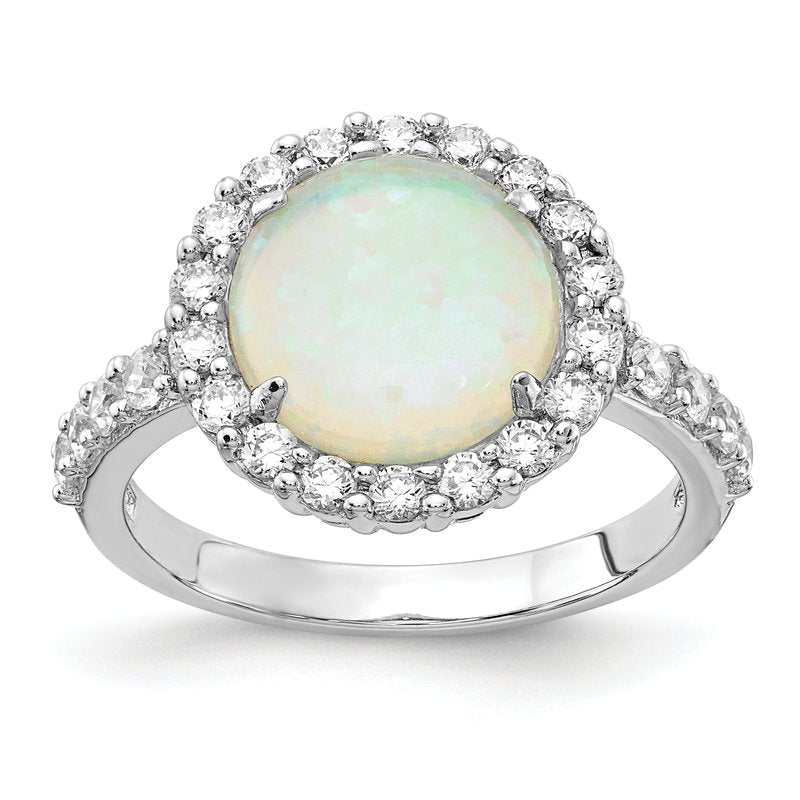 Sterling Silver Rhodium-plated Cabochon Lab Created Opal and Brilliant-cut CZ Halo Ring