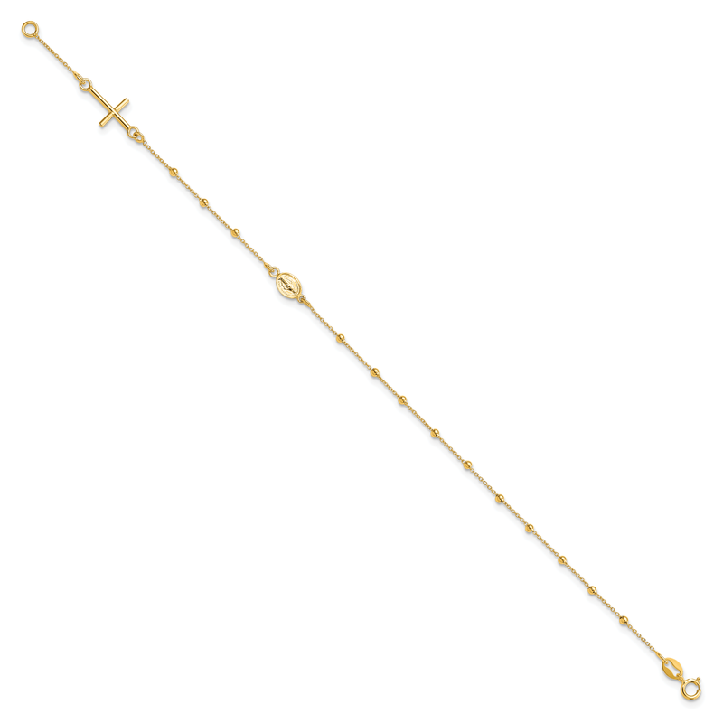 14k Polished Cross and Miraculous Medal Beaded 7.5 inch Rosary Bracelet
