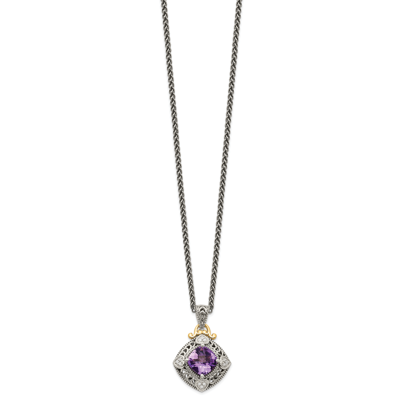 Sterling Silver with 14K Accent 18 Inch Antiqued Cushion Amethyst Necklace