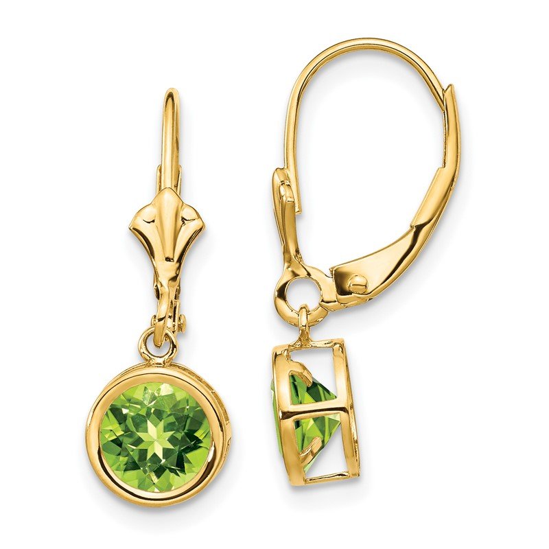 14k 6mm Round Peridot Bezel Leverback Dangle Earrings