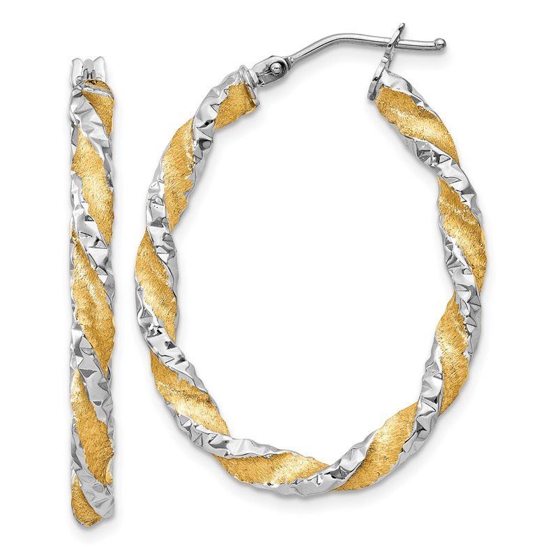 14k White Gold &amp; Yellow Rhodium Twisted D/C Oval Hoop Earrings