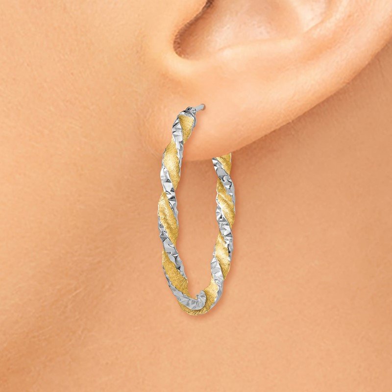 14k White Gold &amp; Yellow Rhodium Twisted D/C Oval Hoop Earrings