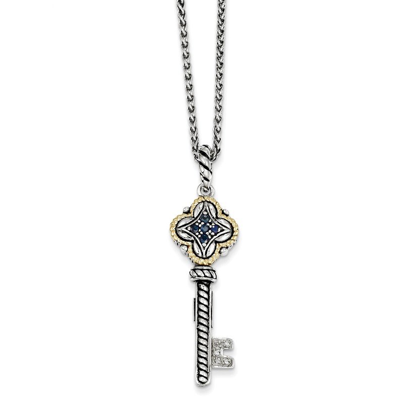 Sterling Silver with 14K Accent 18 Inch Antiqued Sapphire and Diamond Key Necklace