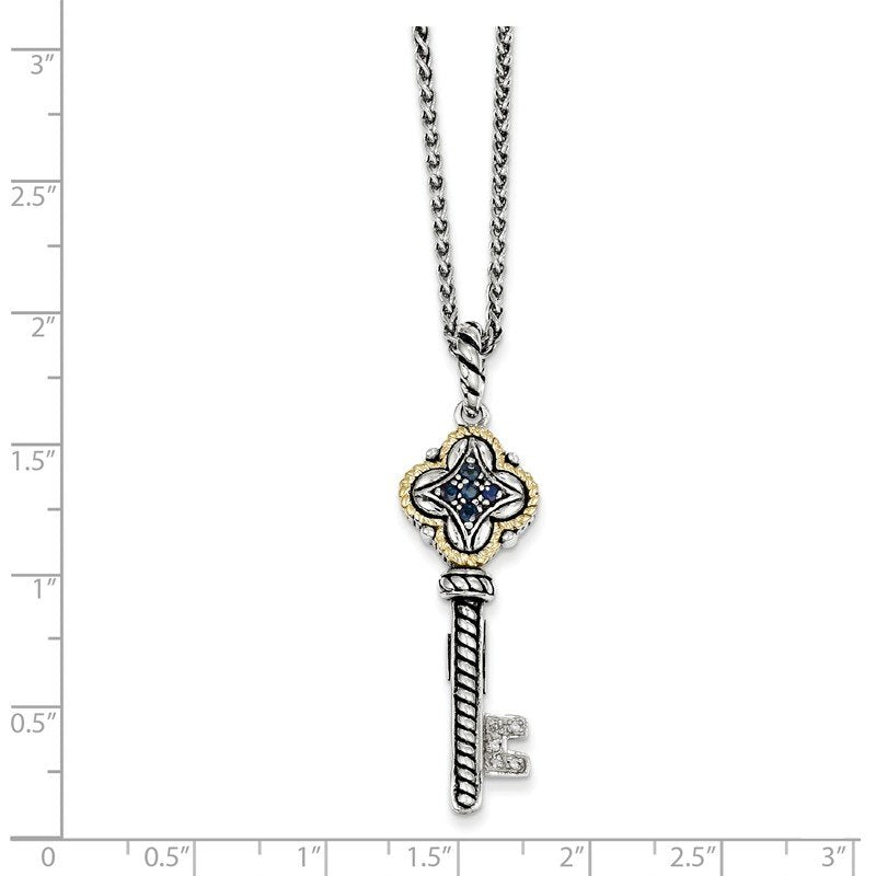 Sterling Silver with 14K Accent 18 Inch Antiqued Sapphire and Diamond Key Necklace