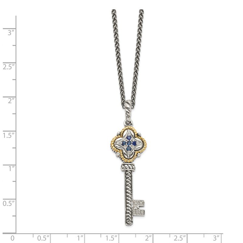 Sterling Silver with 14K Accent 18 Inch Antiqued Sapphire and Diamond Key Necklace