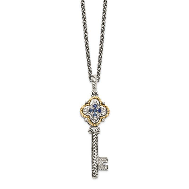 Sterling Silver with 14K Accent 18 Inch Antiqued Sapphire and Diamond Key Necklace