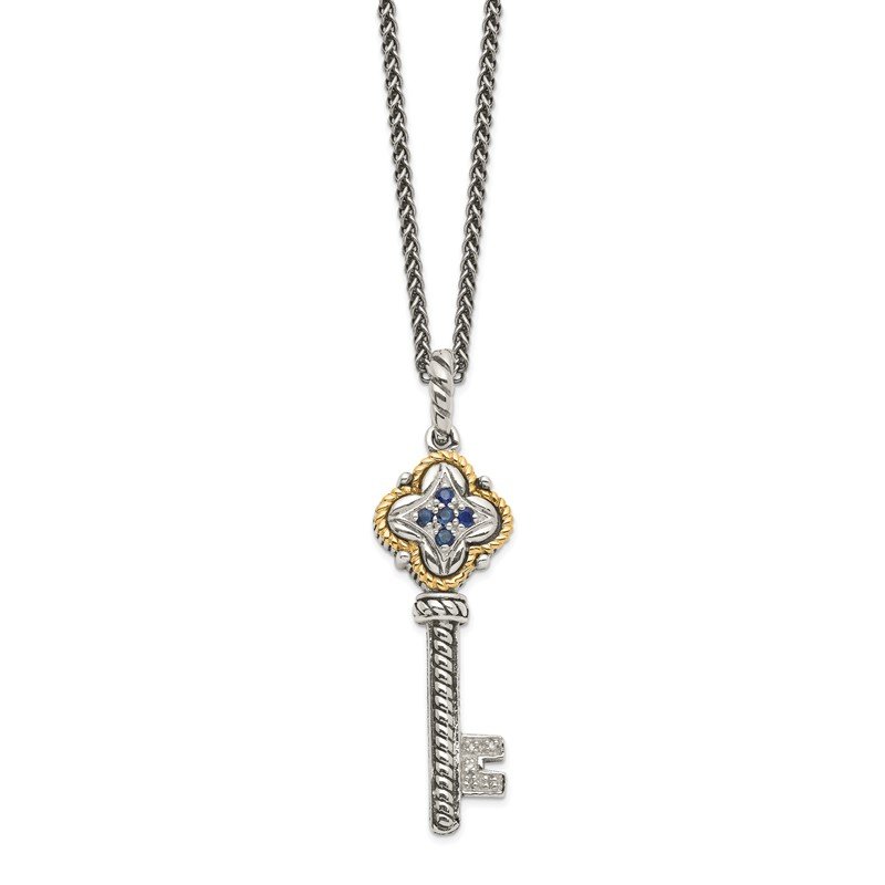Sterling Silver with 14K Accent 18 Inch Antiqued Sapphire and Diamond Key Necklace