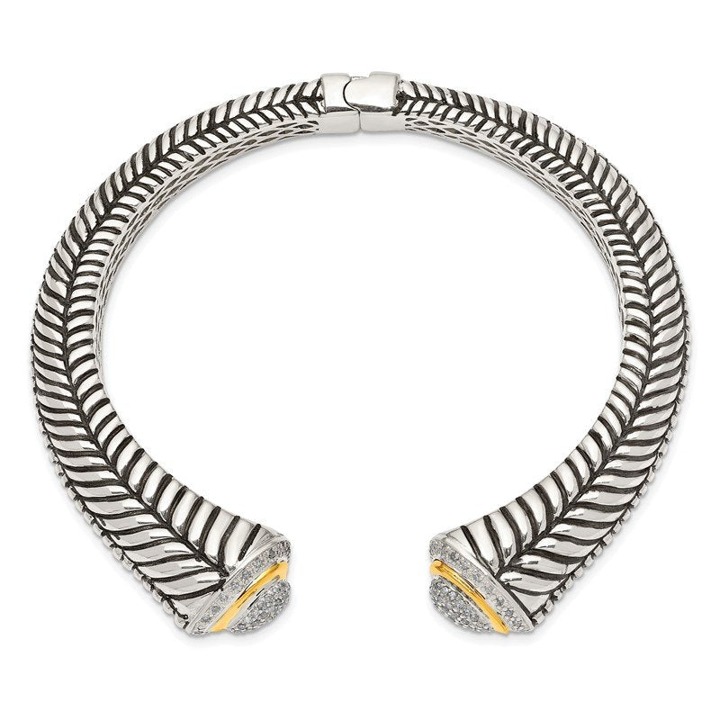 Sterling Silver with 14K Accent Antiqued 1/2 carat Diamond Hinged Cuff Bracelet