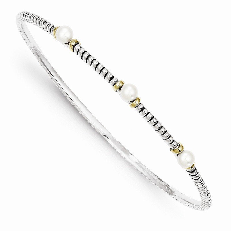 Sterling Silver with 14K Accent 4.5mm Freshwater Cultured Button Pearl Slip-on Bangle Bracelet