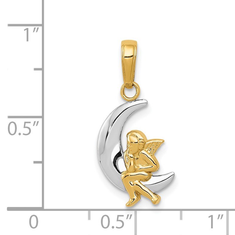 14k and White Rhodium Polished Moon with Angel Pendant