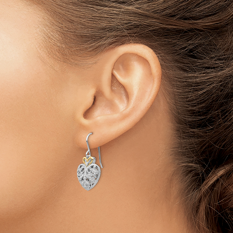 Sterling Silver Rhodium-plated with 14K Accent Diamond Shepherd Hook Dangle Vintage Heart Earrings