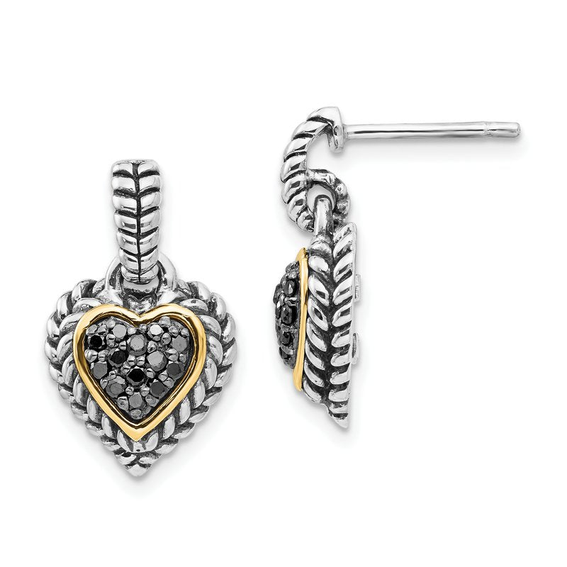 Sterling Silver with 14K Accent Antiqued Black Diamond Dangle Post Heart Earrings