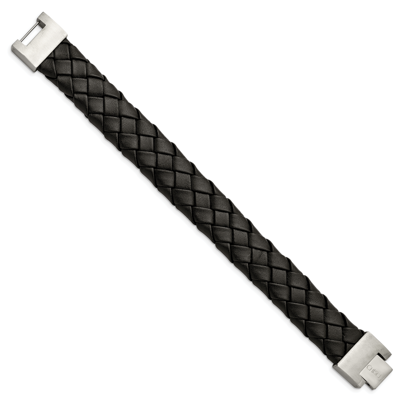 Stainless Steel Brushed Black Leather 8.5 inch Bracelet