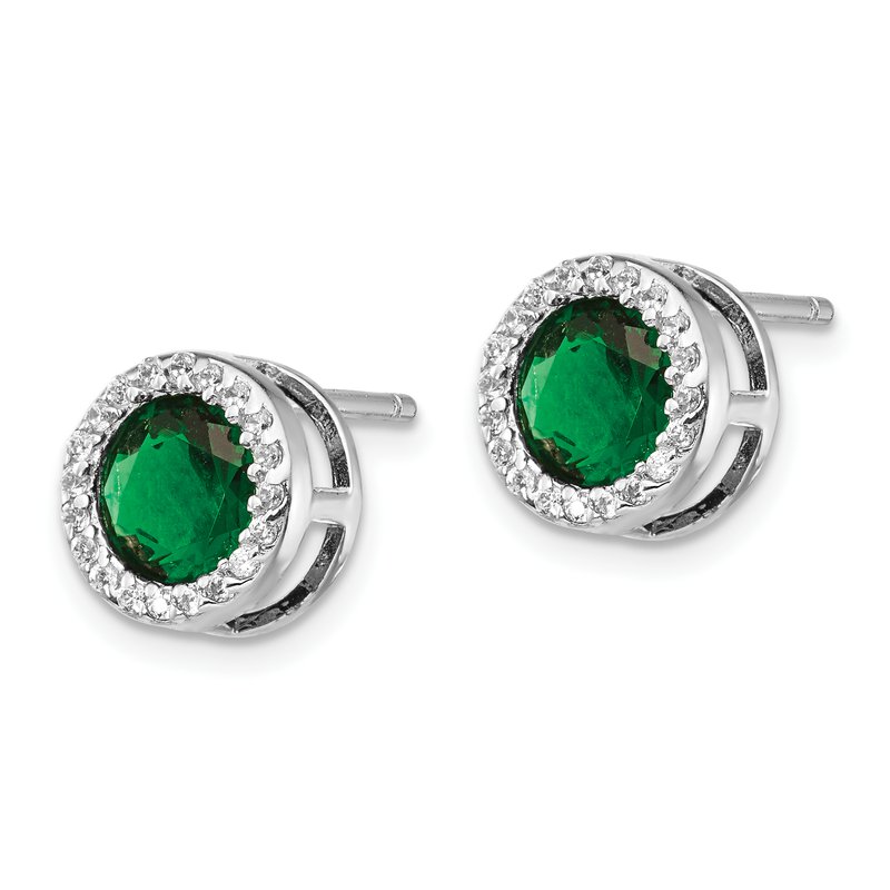 Sterling Silver Rhodium-plated Brilliant-cut Green Glass and Brilliant-cut White CZ Halo Post Earrings