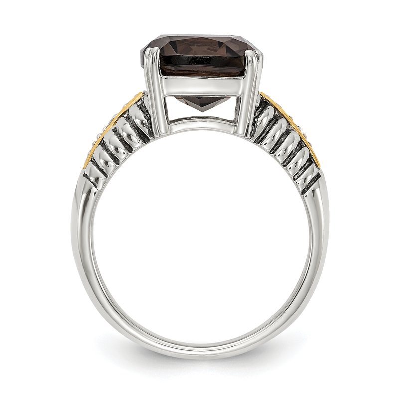 Sterling Silver with 14K Accent Antiqued Cushion Smoky Quartz and Diamond Ring
