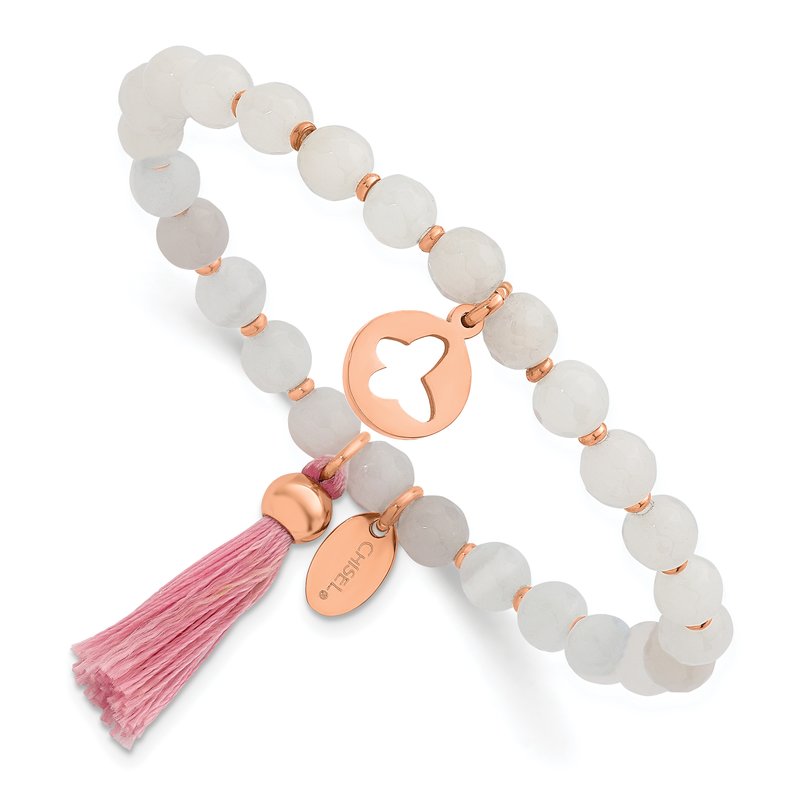 Stainless Steel Polished Rose IP-plated Butterfly 6mm Pink Agate Beaded Stretch Bracelet with Tassel