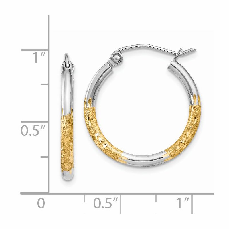 14k w/White Rhodium 2mm Satin and Polished Diamond-cut Hoop Earrings