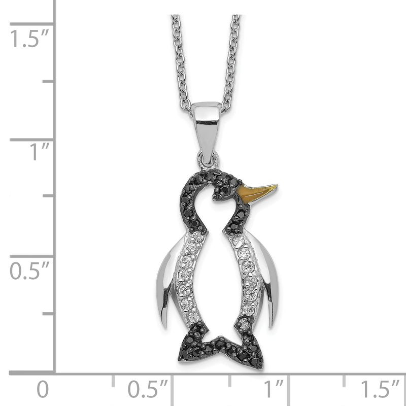 Sterling Silver Rhodium-plated with Black Rhodium Accent Enameled Brilliant-cut Black and White CZ Penguin 18 Inch Necklace