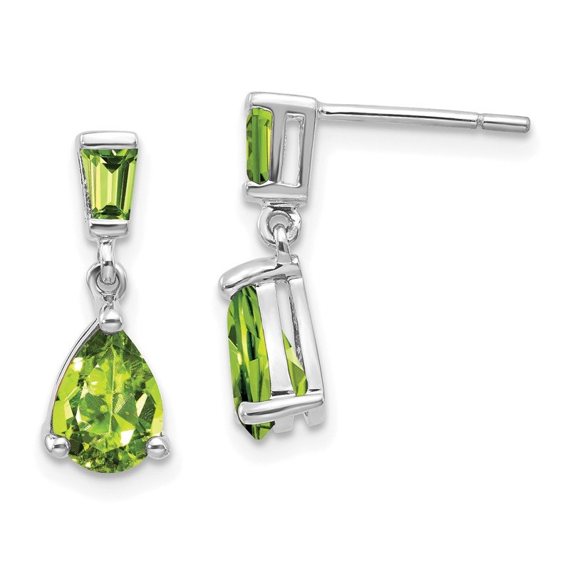 14k White Gold Pear/Baguette Peridot Dangle Post Earrings