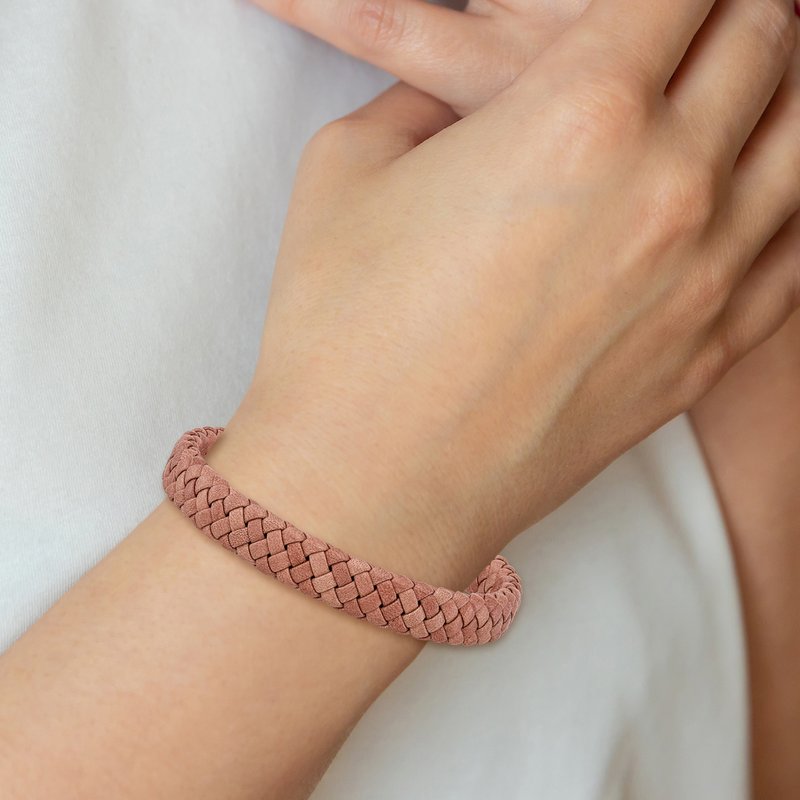 Stainless Steel Polished Light Brown Braided Leather 8.25 inch Bracelet