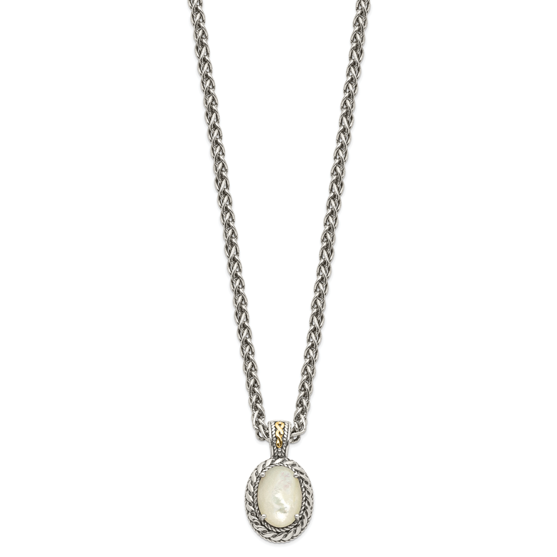 Sterling Silver with 14K Accent 18 Inch Antiqued Mother Of Pearl Necklace