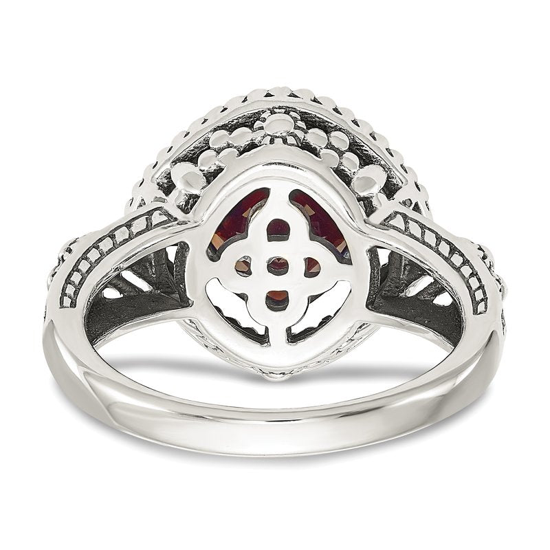 Sterling Silver with 14K Accent Antiqued Checkerboard Cushion Garnet Ring