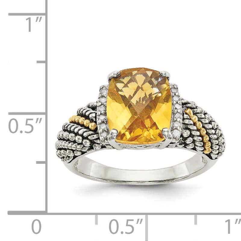 Sterling Silver with 14K Accent Antiqued Diamond and Checkerboard Cushion Citrine Ring