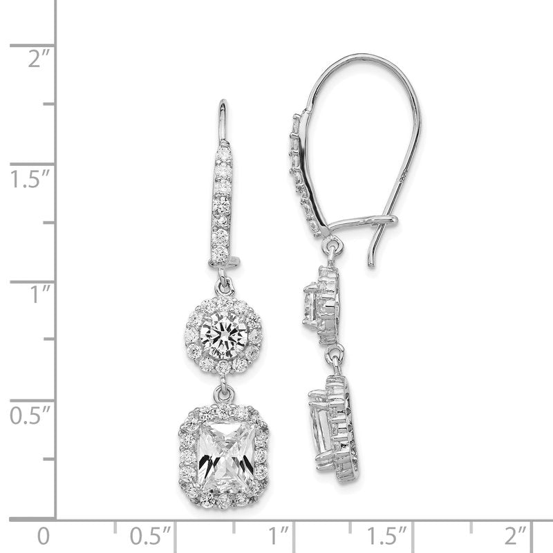 Sterling Silver Rhodium-plated Elongated Cushion-cut and Brilliant-cut CZ Halo Kidney Wire Dangle Earrings