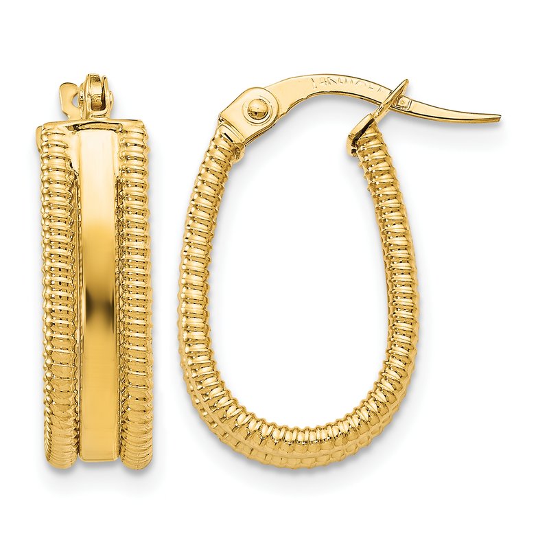 14K Polished Textured Oval Hoop Earrings