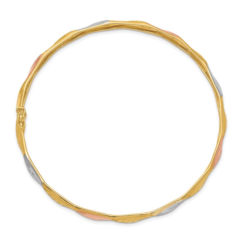 14K with White and Rose Rhodium Polished and Satin Diamond-cut 5.00mm Flexible Round Bangle Bracelet