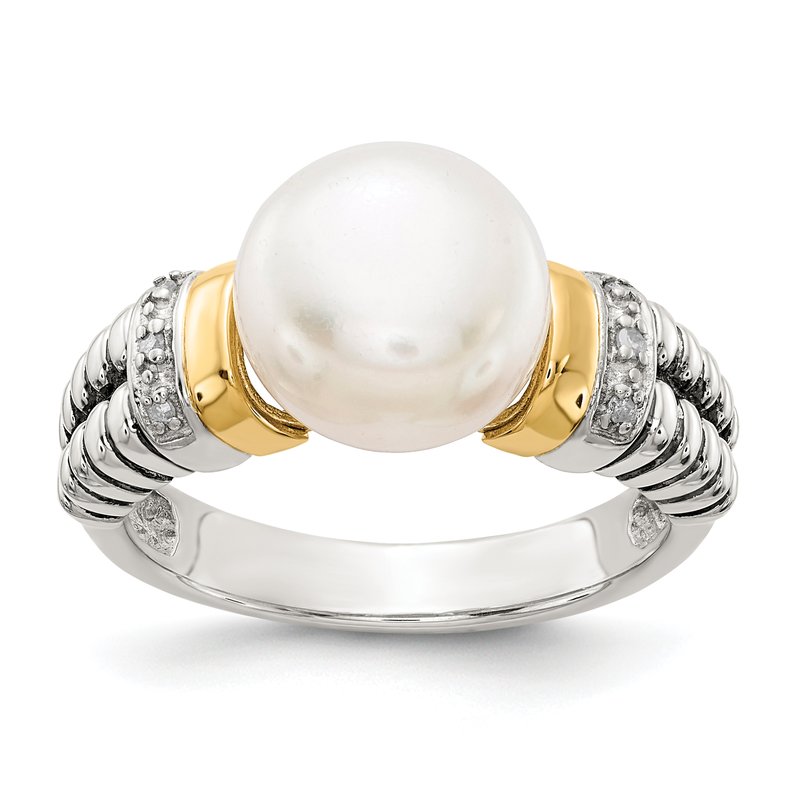 Sterling Silver with 14K Accent Antiqued Diamond and 9.5-10mm Freshwater Cultured Pearl Ring