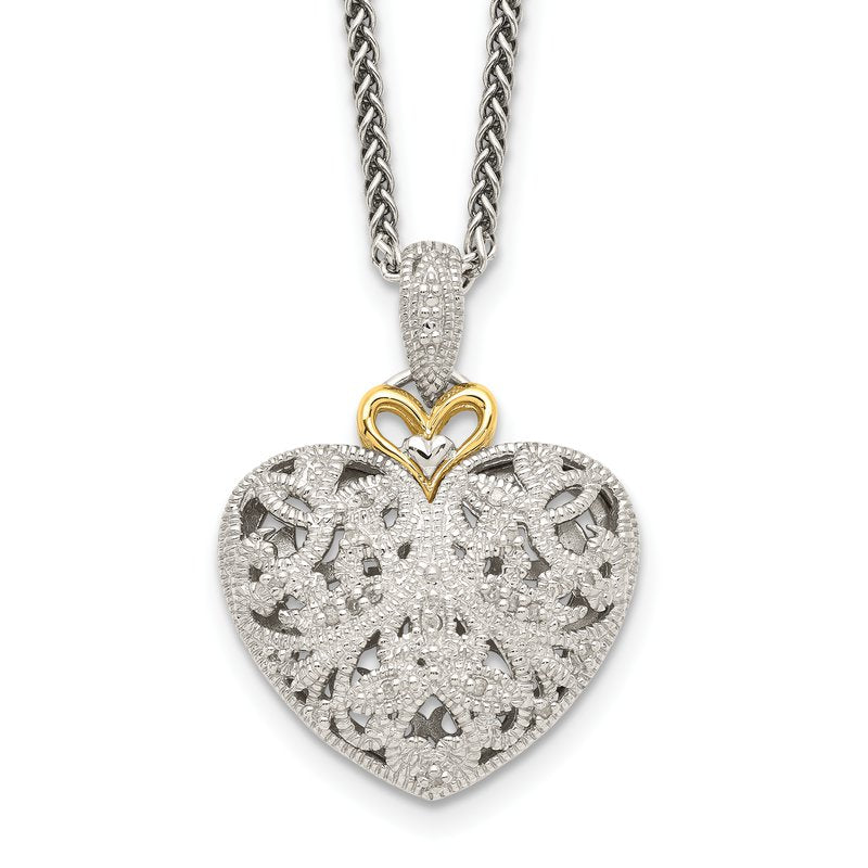 Sterling Silver Antiqued with 14K Accent 18 Inch Diamond Vintage Heart Necklace
