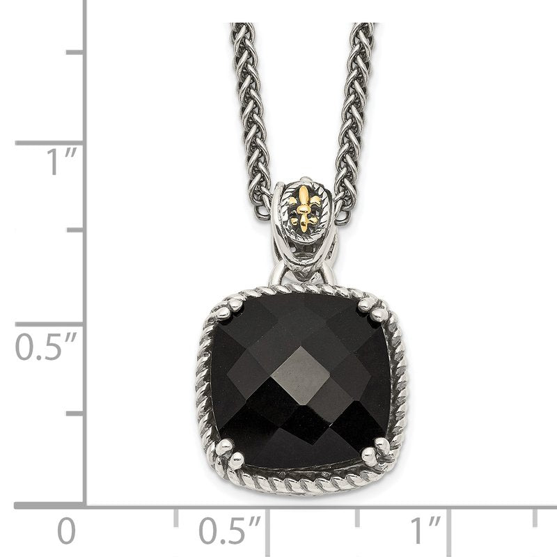 Sterling Silver with 14K Accent 18 Inch Antiqued Checkerboard-cut Black Onyx Necklace