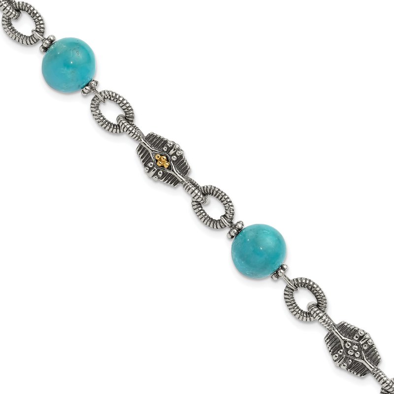 Sterling Silver with 14K Accent 7.25 Inch Antiqued Reconstructed Turquoise Bracelet