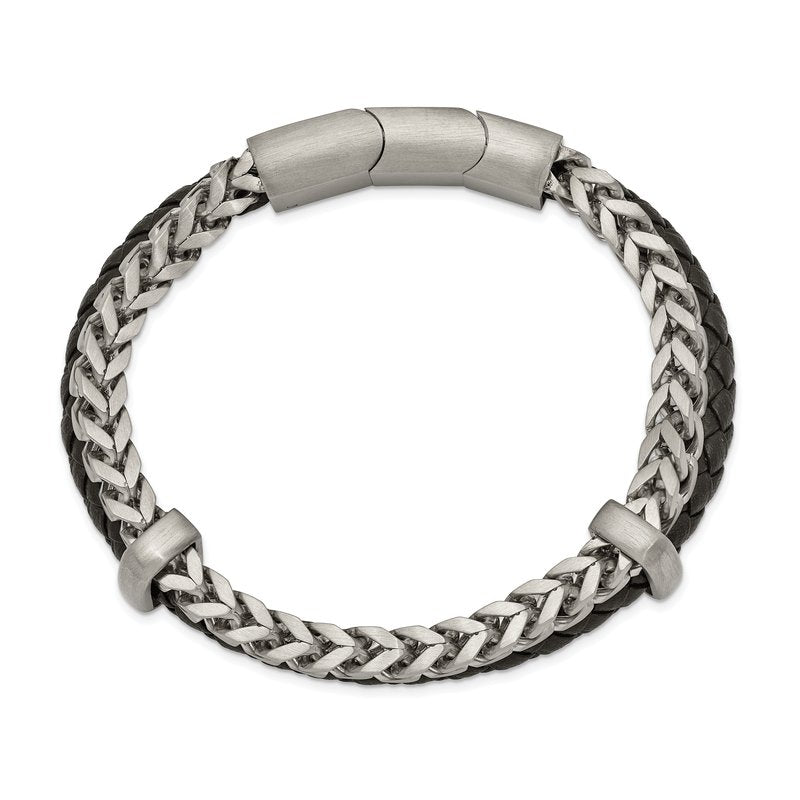 Stainless Steel Brushed Chian and Black Braided Leather 8 inch Bracelet with .5 inch Extension