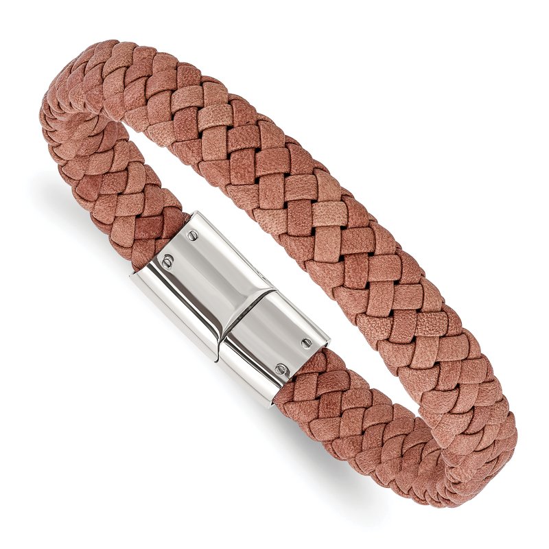 Stainless Steel Polished Light Brown Braided Leather 8.25 inch Bracelet
