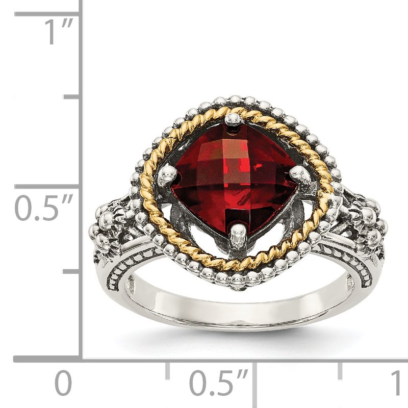 Sterling Silver with 14K Accent Antiqued Checkerboard Cushion Garnet Ring