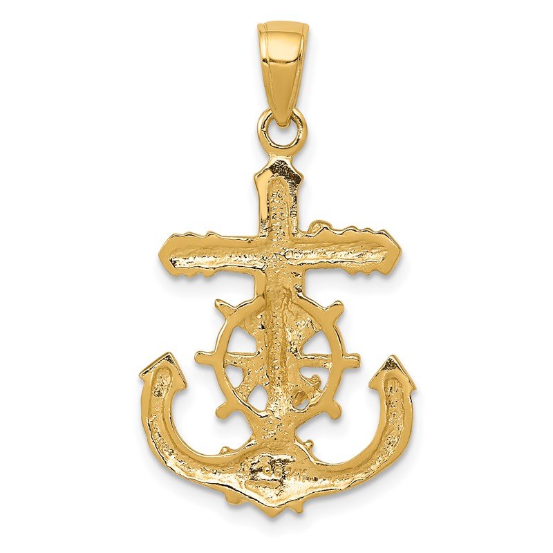 14K Polished Textured Mariners Crucifix with Rope and Wheel Pendant