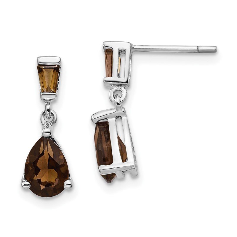 14k White Gold Pear/Baguette Smoky Quartz Dangle Post Earrings