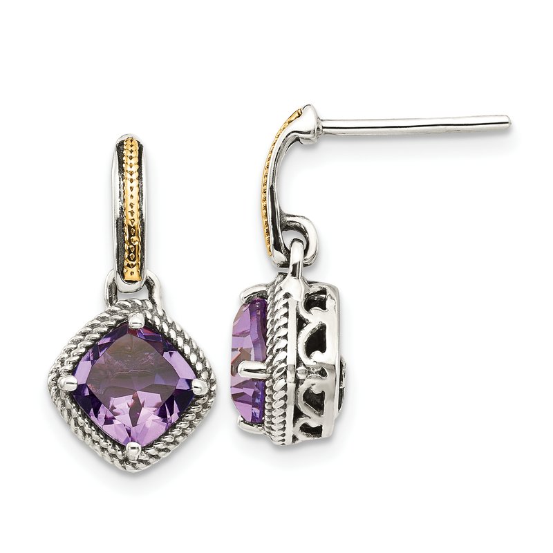 Sterling Silver with 14K Accent Antiqued Cushion Amethyst Post Dangle Earrings