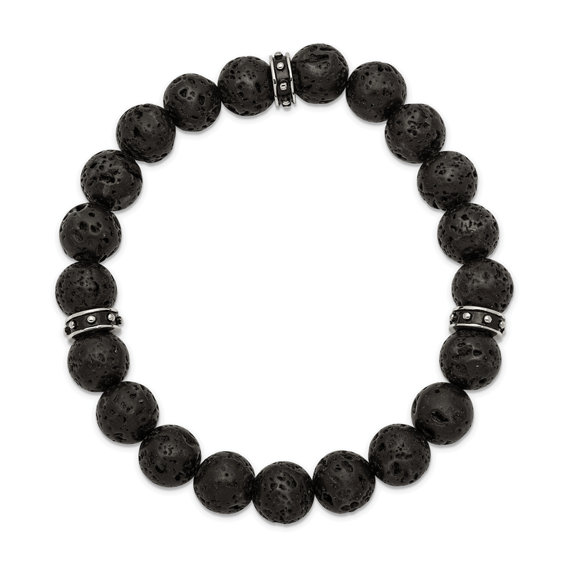 Stainless Steel Polished Black Enamel 10.5mm Lava Stone Beaded Stretch Bracelet
