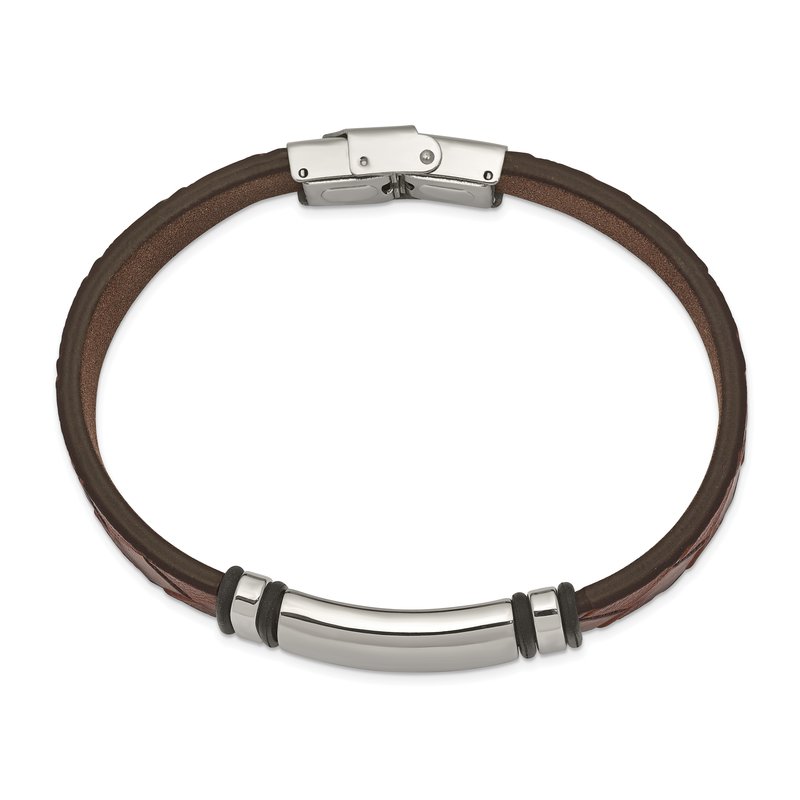 Stainless Steel Polished Brown Faux Leather with Black Rubber 8.25 inch ID Bracelet