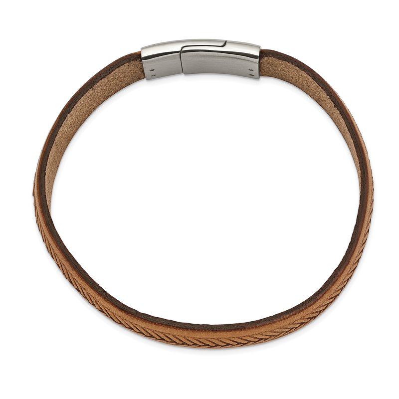 Stainless Steel Polished Textured Tan Italian Leather 8.75 inch Bracelet