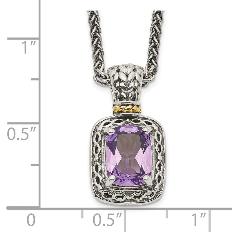 Sterling Silver with 14K Accent 18 inch Antiqued Cushion Amethyst Necklace