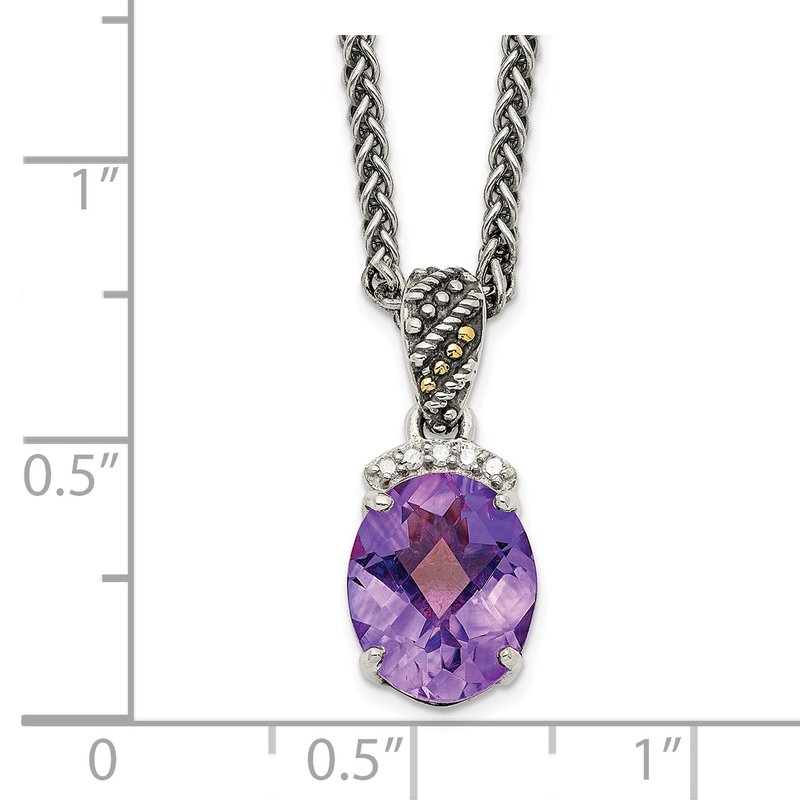 Sterling Silver with 14K Accent 18 Inch Antiqued Checkerboard-cut Oval Amethyst and Diamond Necklace