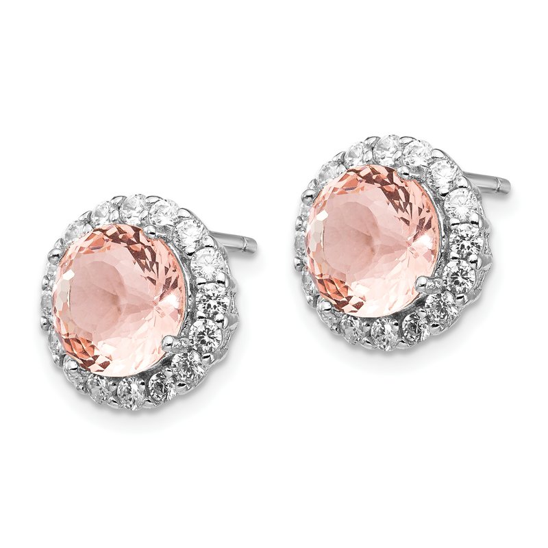 Sterling Silver Rhodium-plated 100 Facet Simulated Morganite and White Brilliant-cut CZ Halo Post Earrings