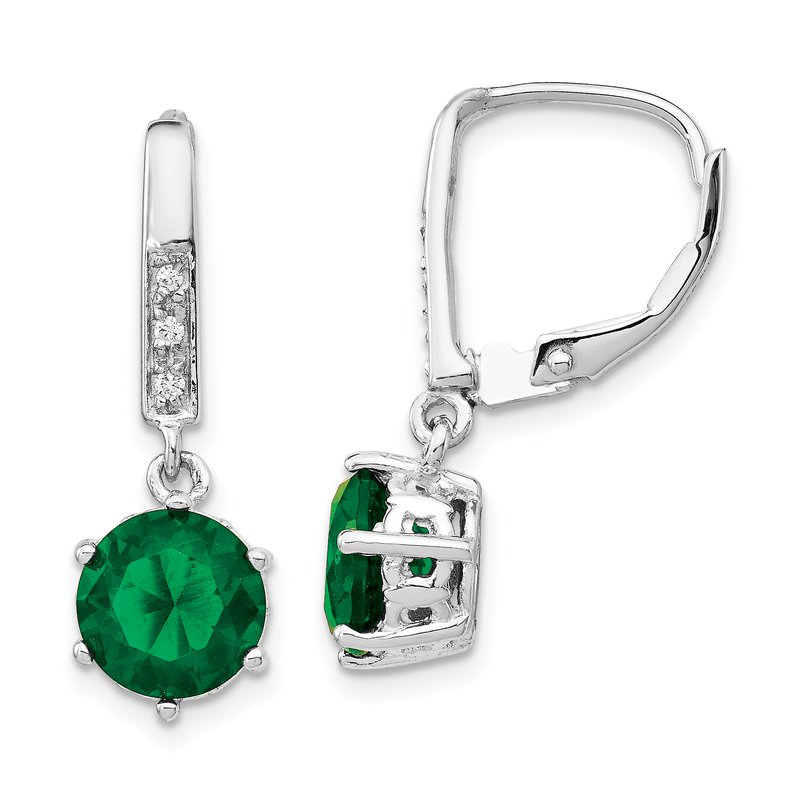 Sterling Silver Rhodium-plated Brilliant-cut Green Glass and Brilliant-cut White CZ Leverback Dangle Earrings