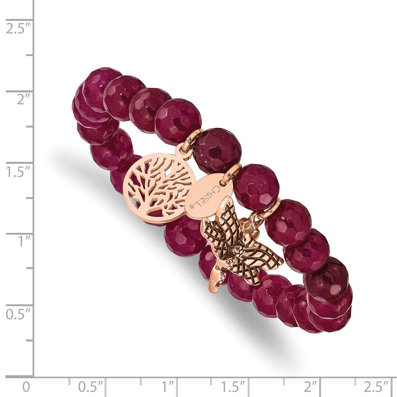 Stainless Steel Antiqued and Polished Rose IP-plated Dragonfly and Tree of Life 8mm Pink Dyed Jade Beaded Stretch Bracelet